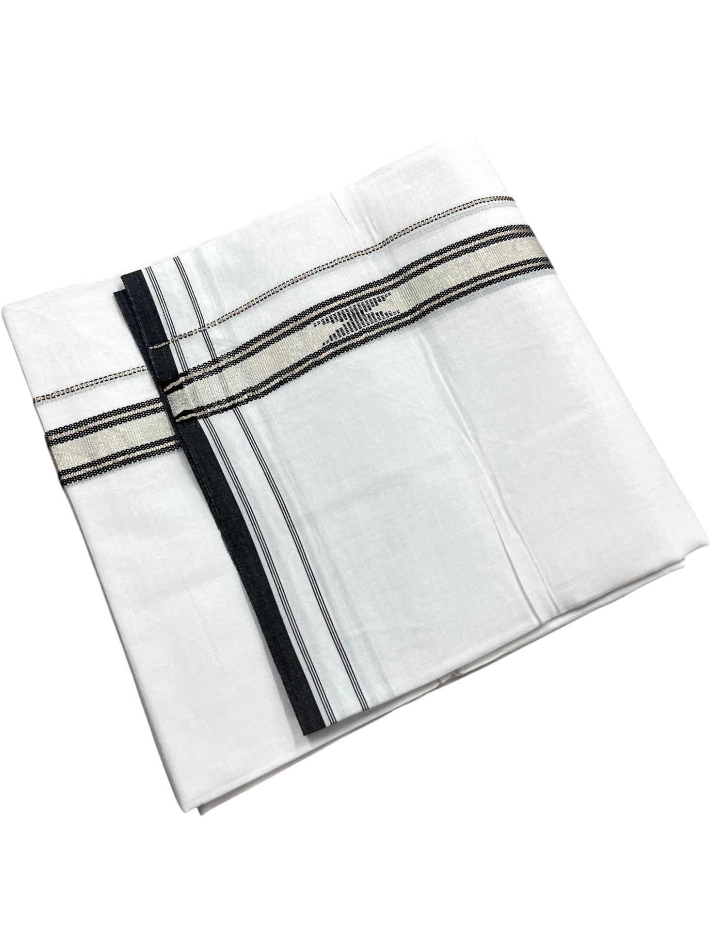 Southloom Pure White Cotton Mundu with Black & Silver Line Border (South Indian Kerala Dhoti)