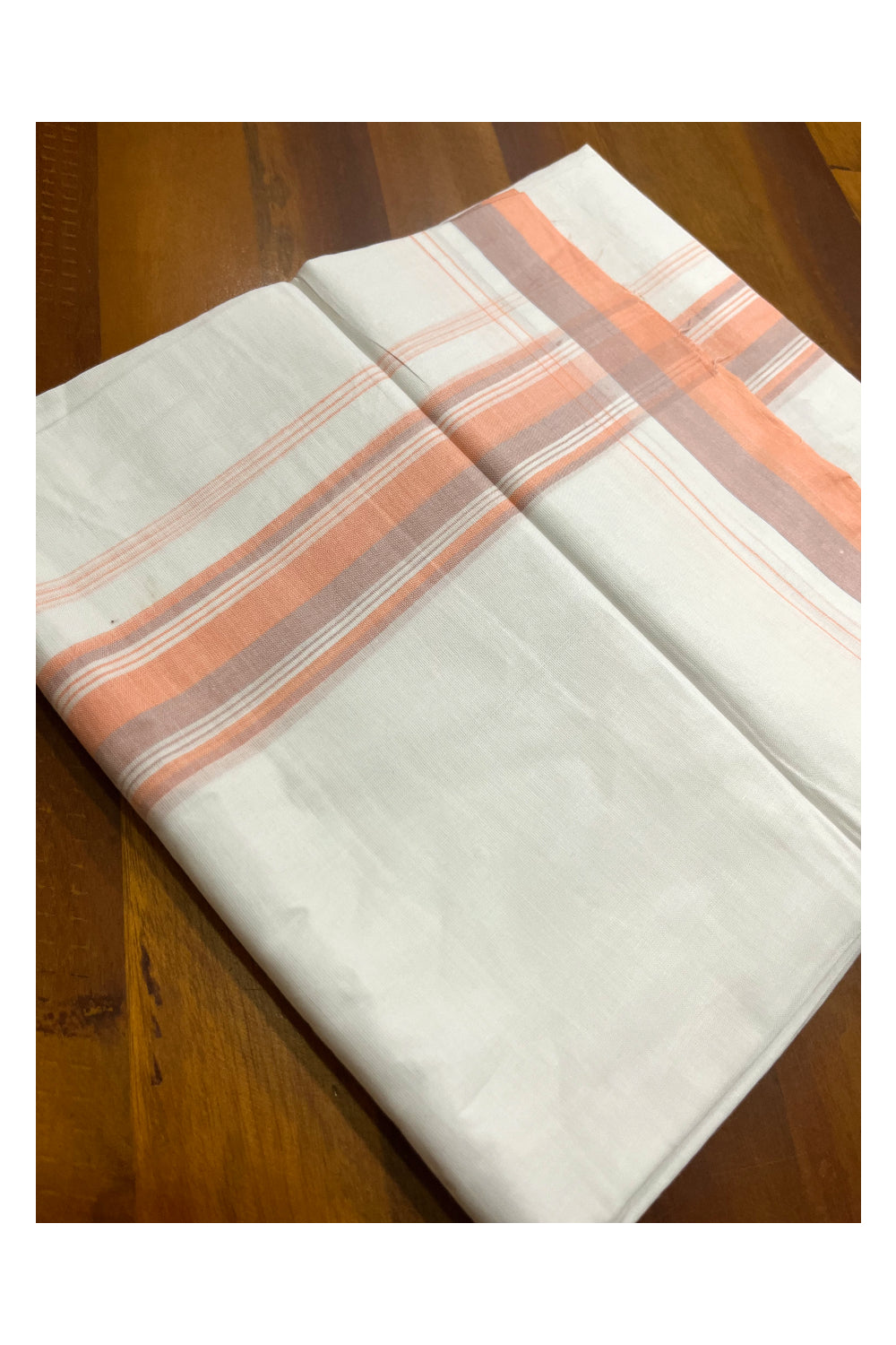 Pure White Cotton Kerala Double Mundu with Peach Violet Border (South Indian Kerala Dhoti)