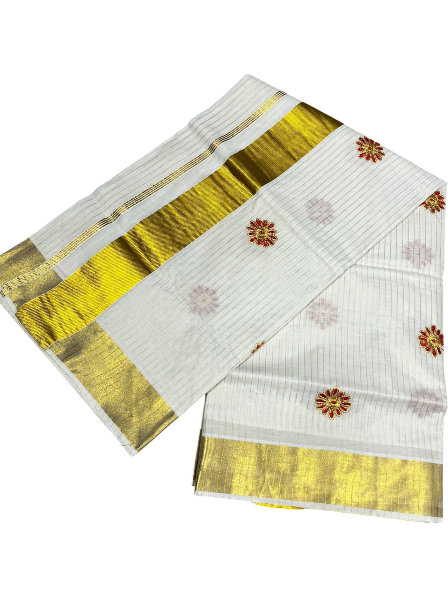 Southloom Cotton Kerala Kasavu Stripes Saree with Floral Embroidery Design in Red