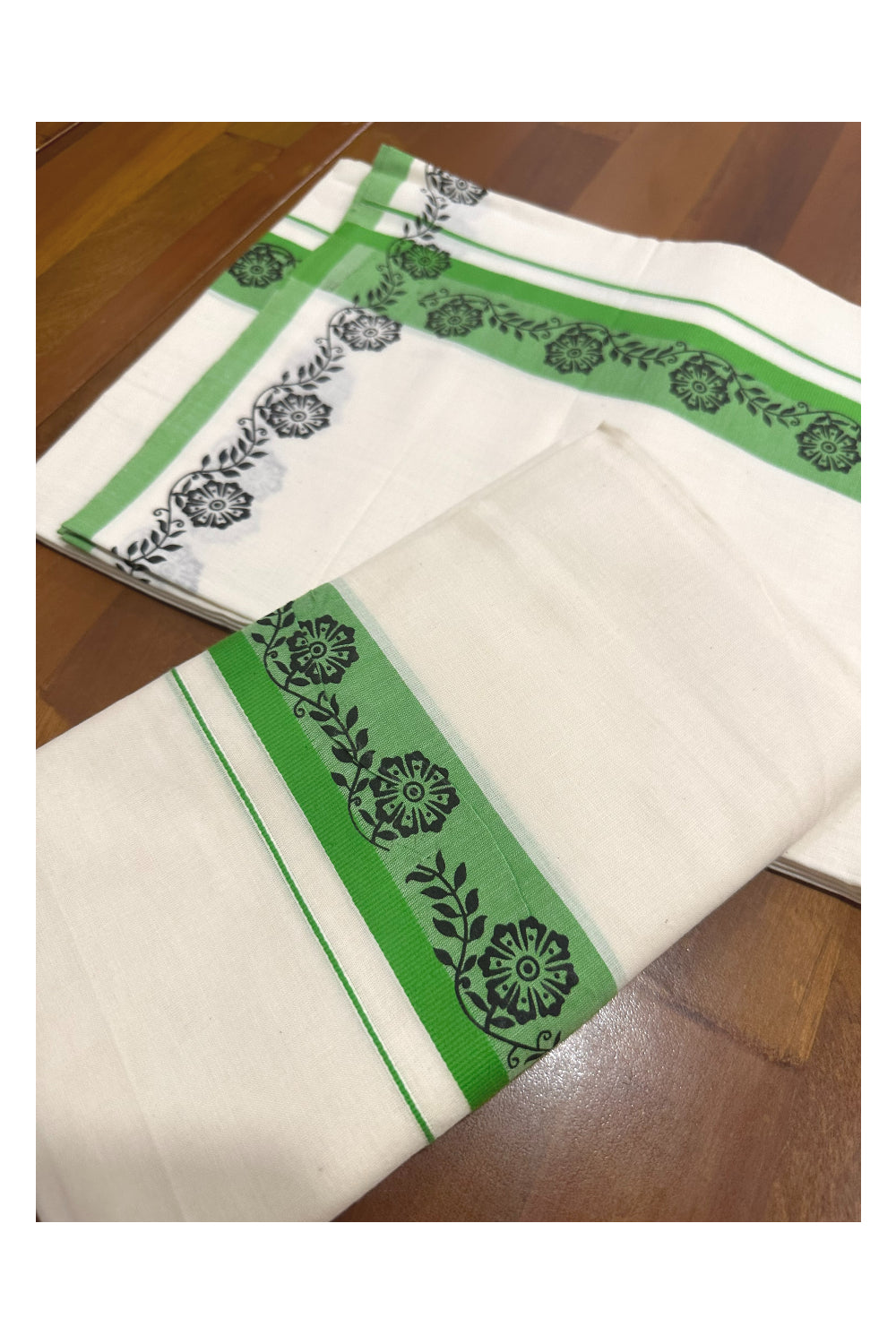 Kerala Cotton Set Mundu (Mundum Neriyathum) with Black Floral Block Prints in Light Green Border (Onam Set Mundu 2023)