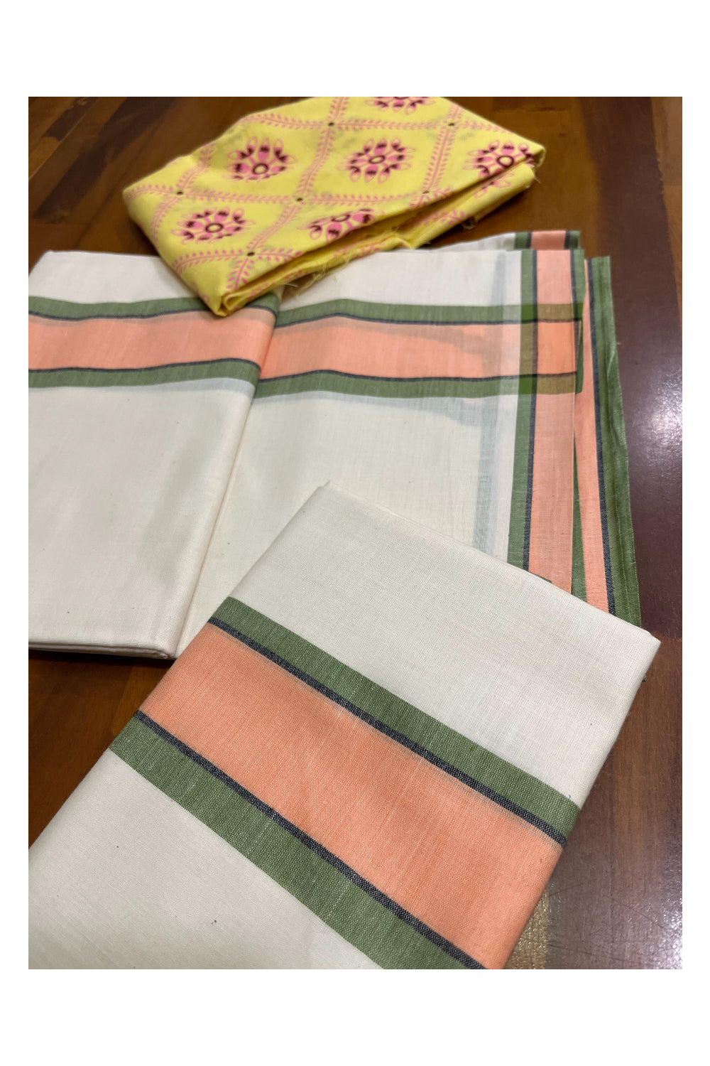 Southloom Mulloth Soft Cotton Peach Green Border Set Mundu with Jaipur Printed Blouse Piece (2.60 M Neriyathu / Blouse 1 Meter)