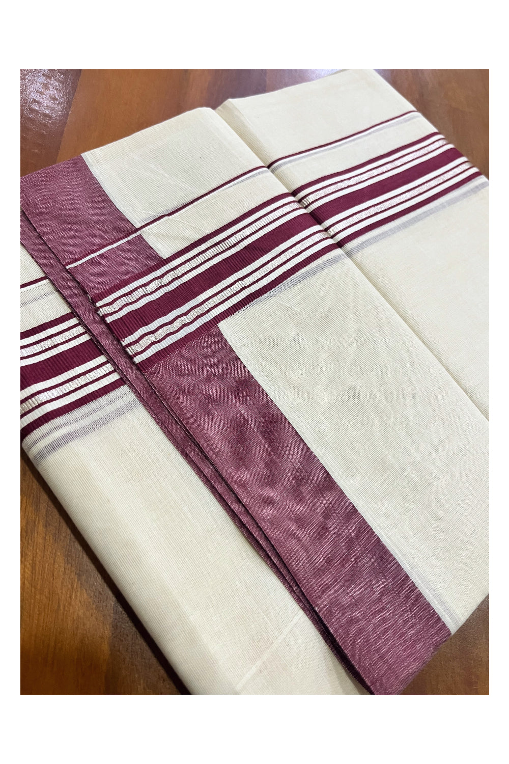 Kerala Pure Cotton Double Mundu with Silver Kasavu and Maroon Border (South Indian Kerala Dhoti)