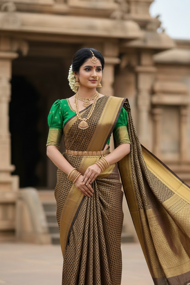 Southloom Brocade Silk Bridal Saree WIth Woven Borders And Blouse Piece