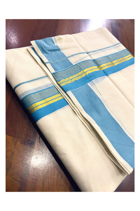 Pure Cotton Off White Kerala Double Mundu with Blue and Kasavu Border (South Indian Dhoti)