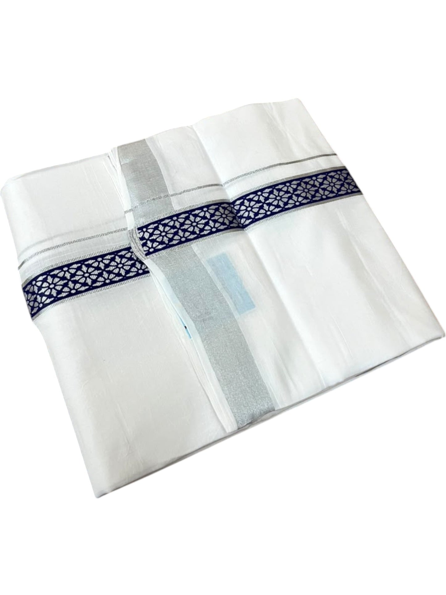 Southloom Pure White Cotton Mundu with Blue and Silver Kasavu Border (South Indian Kerala Dhoti)