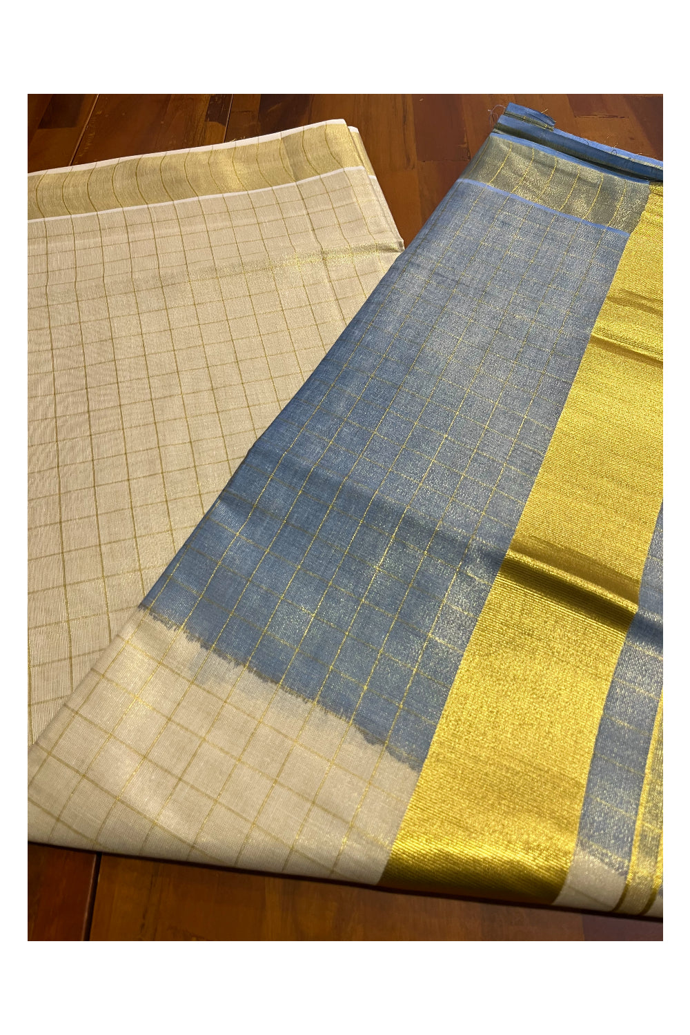 Southloom Tie & Dye - Half & Half  Multi Colour Blue Design Saree with Kasavu Checks Across Body