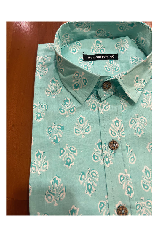 Southloom Jaipur Cotton Turquoise Hand Block Printed Shirt (Half Sleeves)