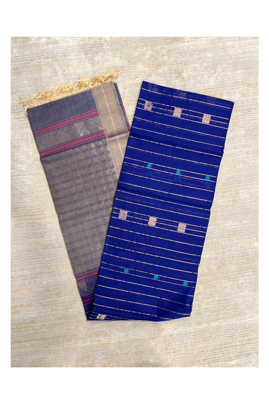 Southloom Pure Handloom Cotton Silk Saree With Handwoven Work Across Body and Blouse in Blue And Beige