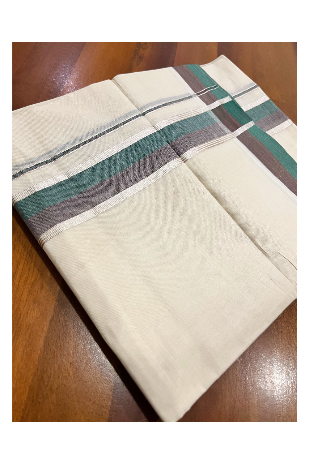 Kerala Pure Cotton Double Mundu with Green Brown and Silver Kasavu Border (South Indian Kerala Dhoti)