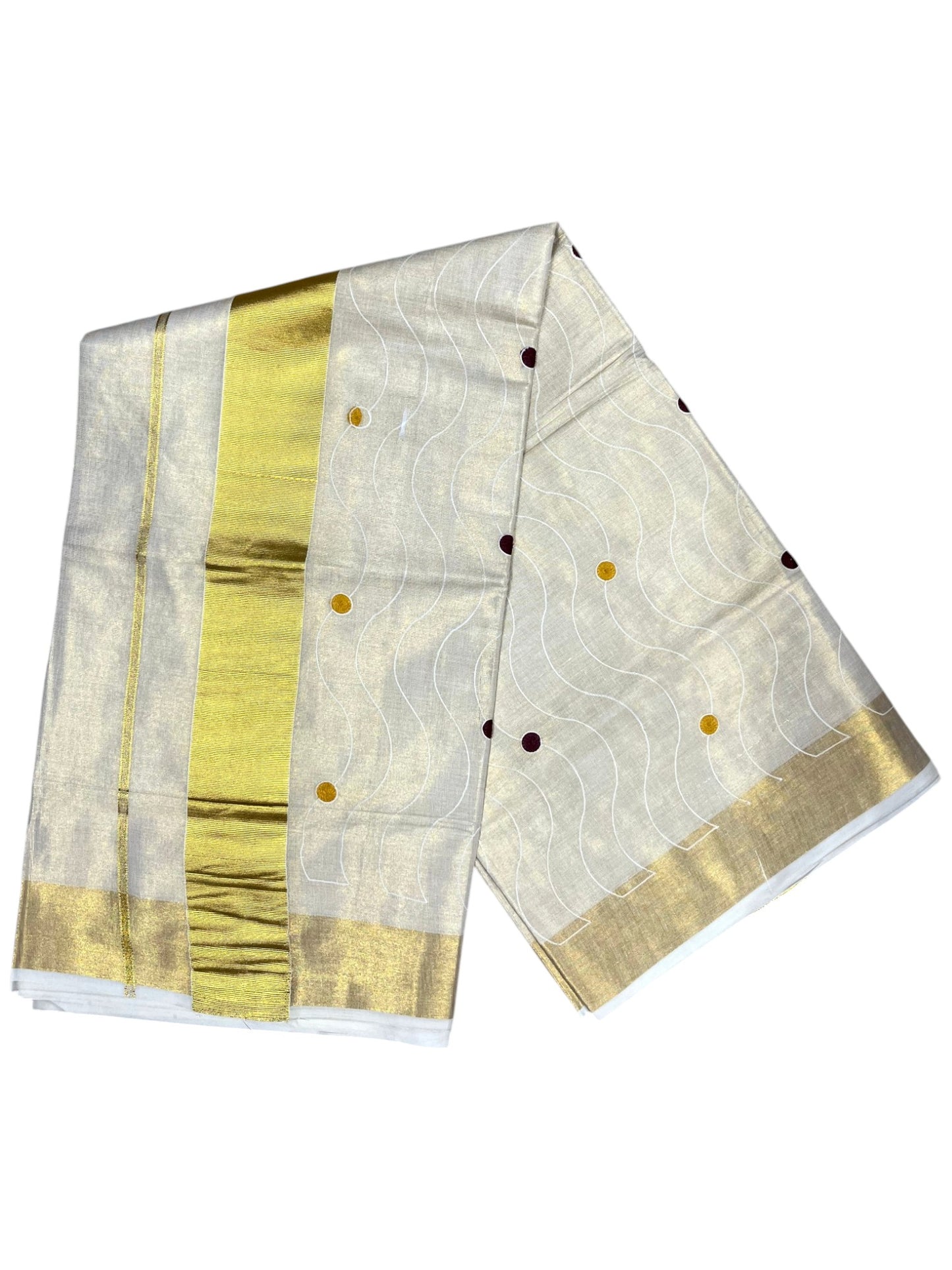 Southloom Kerala Tissue Kasavu Saree with Yellow and Maroom Polka with Embroidery Works