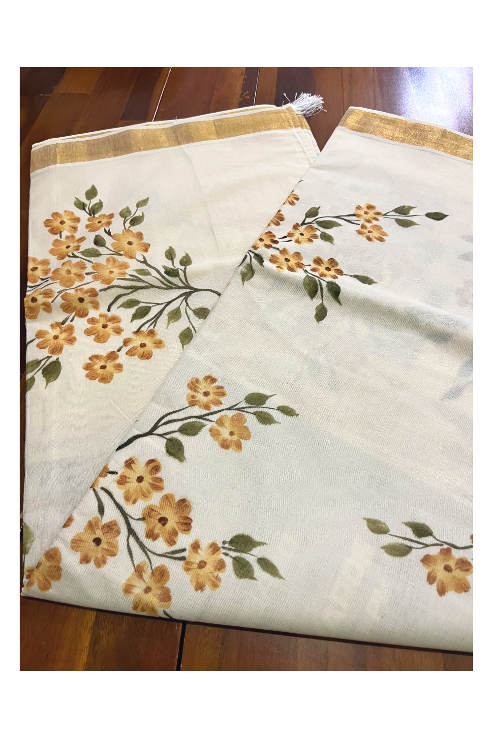 Kerala Cotton Kasavu Saree with Floral Painted Designs