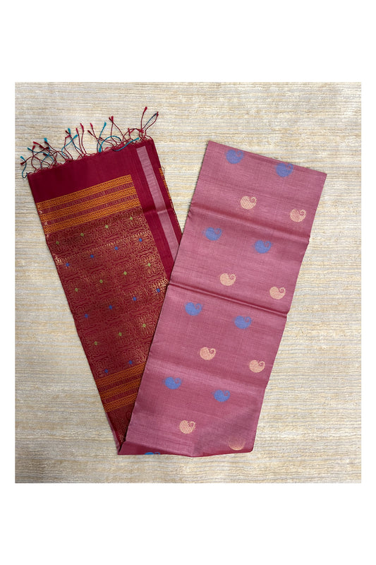 Southloom Pure Handloom Cotton Silk Saree With Handwoven Work Across Body and Blouse in Pink And Maroon