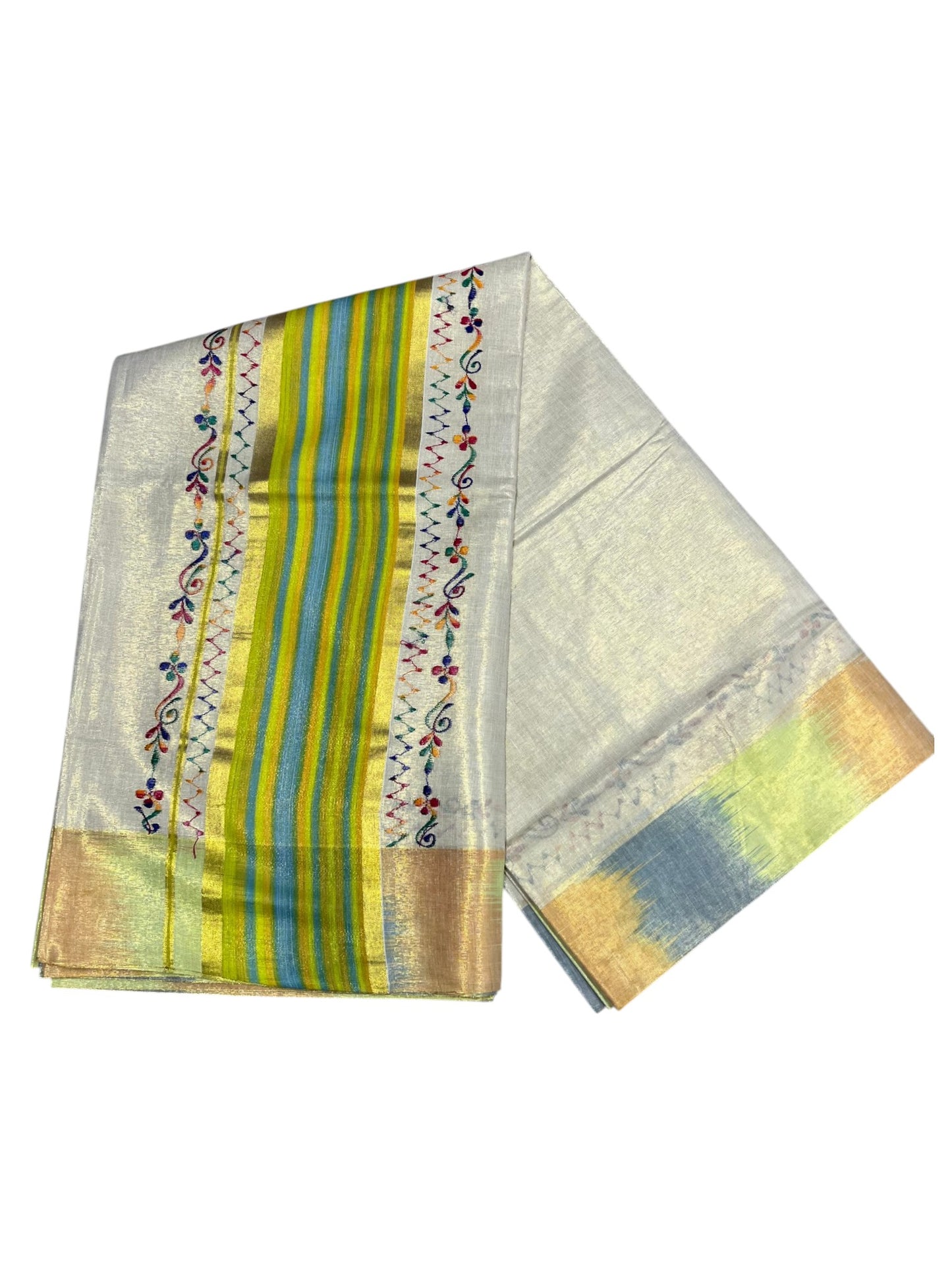 Southloom Kerala Tissue Kasavu Saree with Multi Colour Pochampally Design on Borders and Kara