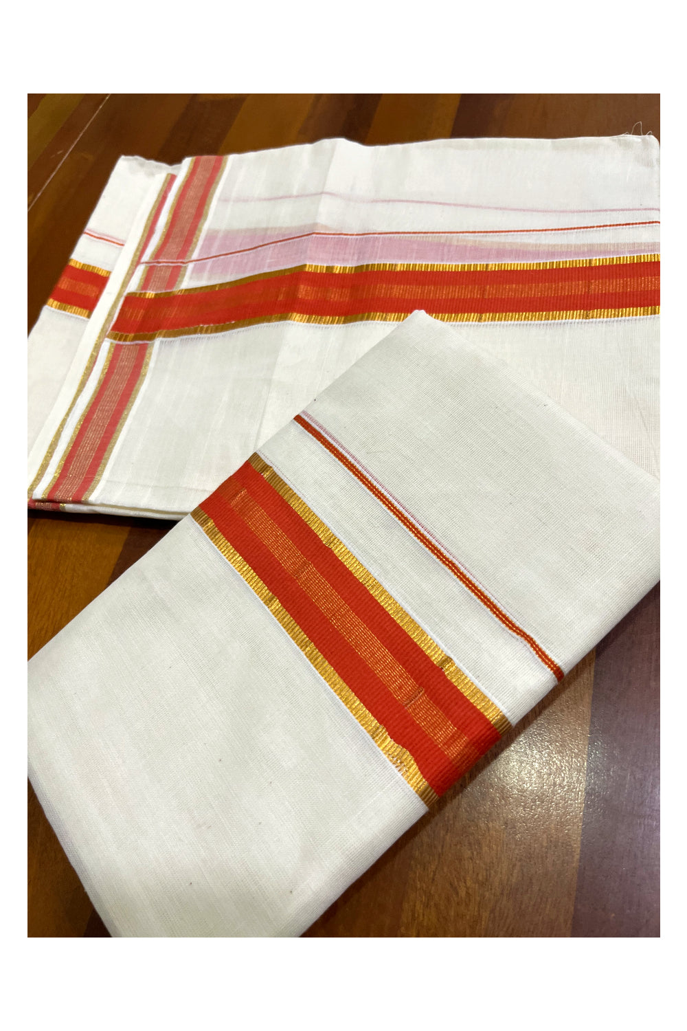 Kerala Cotton Set Mundu (Mundum Neriyathum) with Orange and Kasavu Border