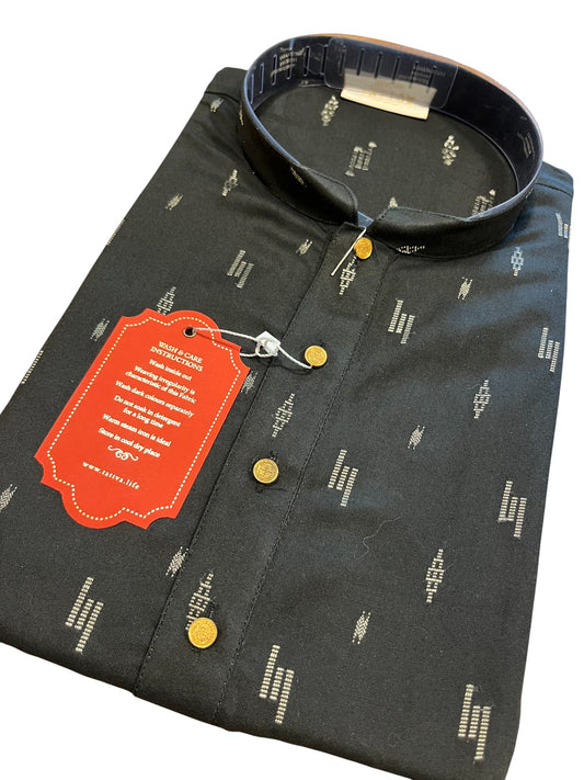 Southloom Black Woven Patterns Semi Silk Short Kurta for Men