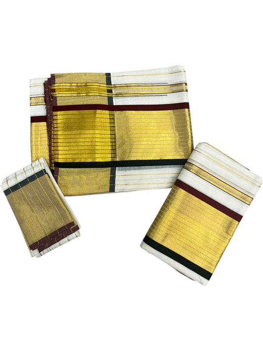 Southloom Premium Cotton Stripes Handloom Set Mundu with Chuttikara Kasavu With Green And Maroon Golden Border (2.80 Mtr) SL632