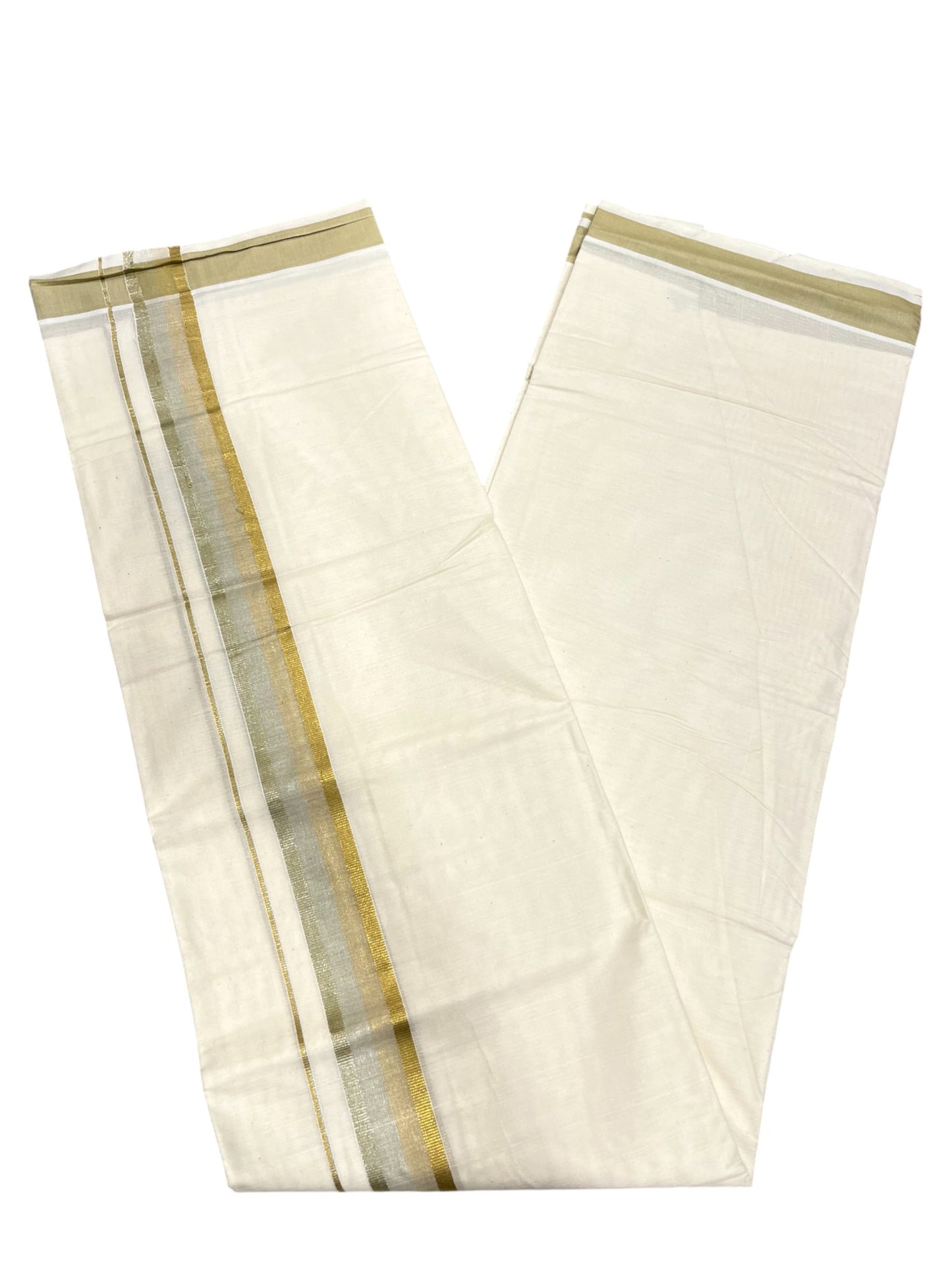 Southloom Kerala Pure Cotton Double Mundu with Olive Green Border (South Indian Dhoti)
