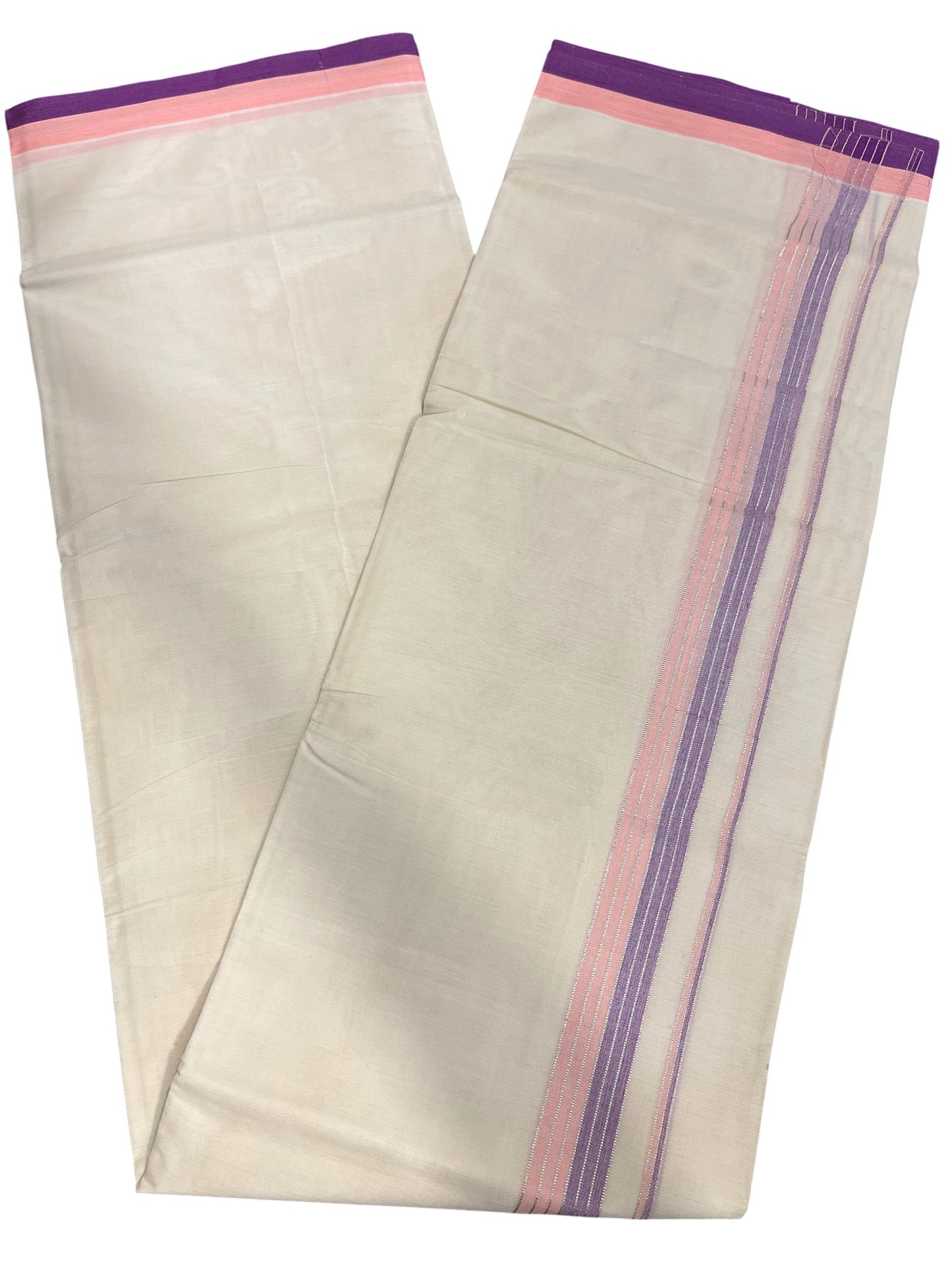 Southloom Kerala Pure Cotton Double Mundu with Peach & Violet Border (South Indian Dhoti)