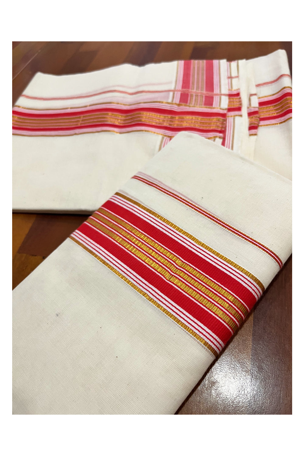 Kerala Cotton Set Mundu Single (Mundum Neriyathum) with Orange and Kasavu Border 2.80 Mtrs