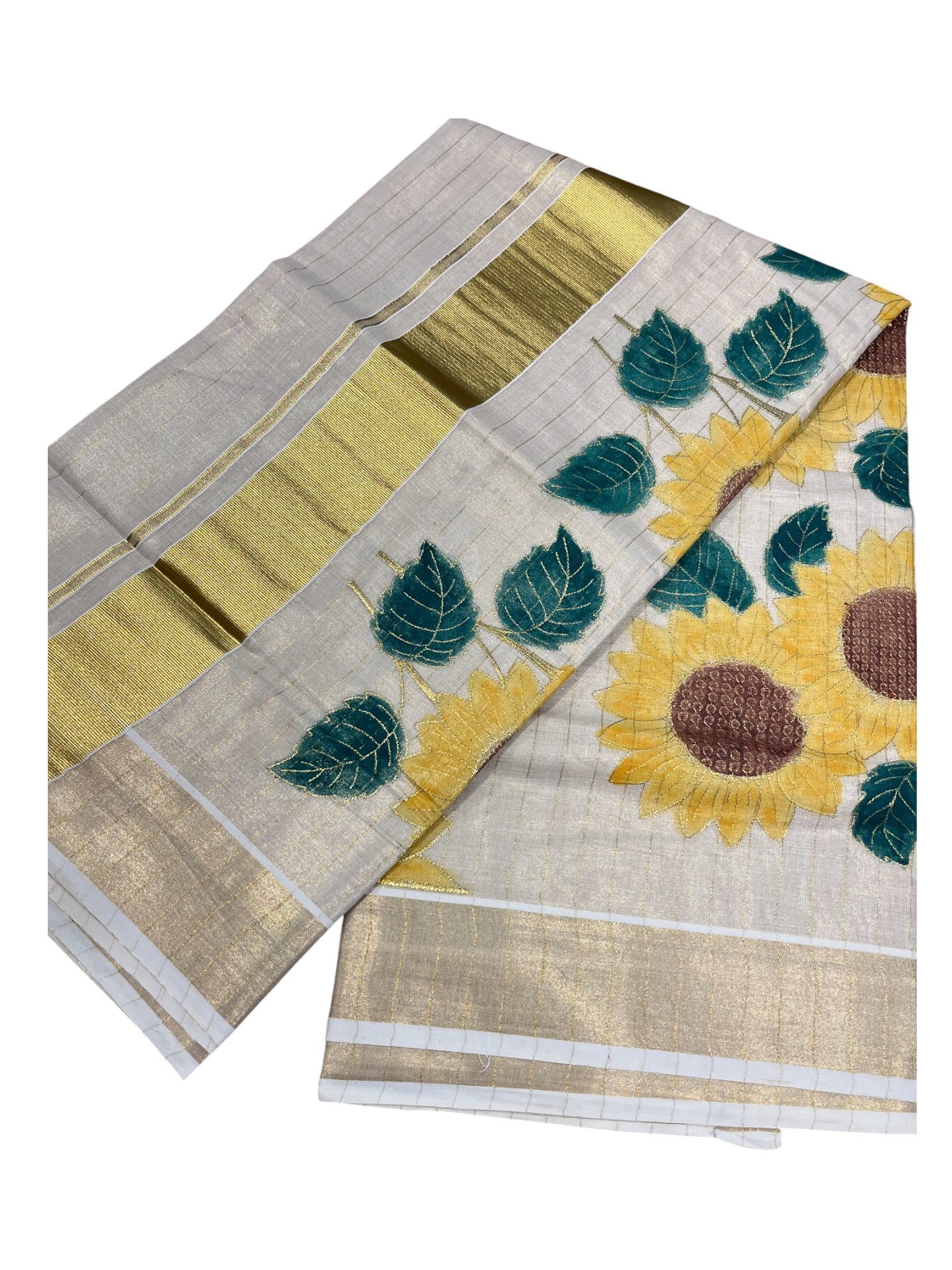 Southloom Kerala Tissue Kasavu Lines Saree with Embroidery Work in Yellow Floral Print