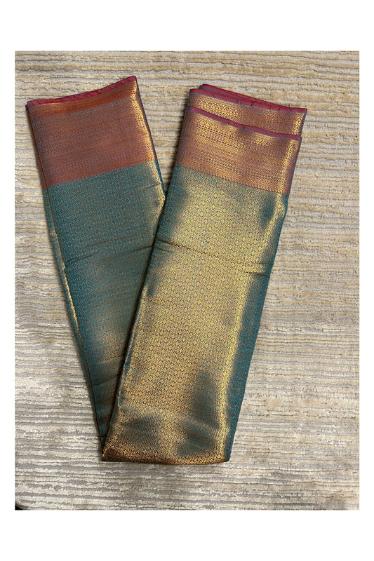 Southloom Banarasi Silk Brocade Bridal Saree WIth Woven Borders And Blouse Piece in Blue and Red And Blue
