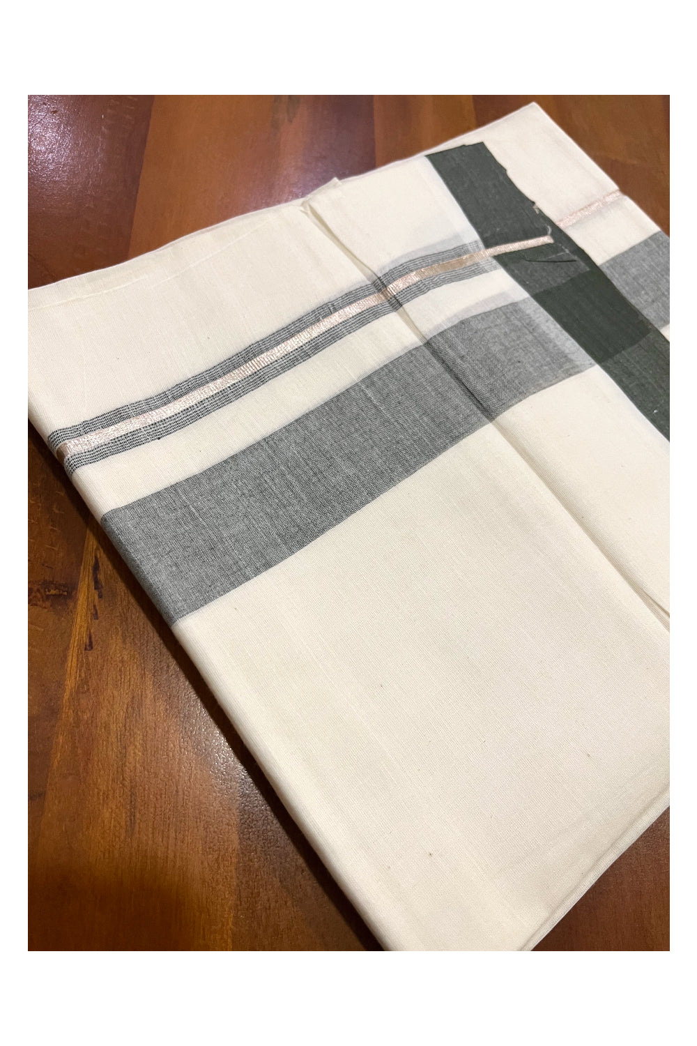 Pure Cotton Kerala Double Mundu with Greenish Grey and Kasavu Line Chutti Border (South Indian Kerala Dhoti)