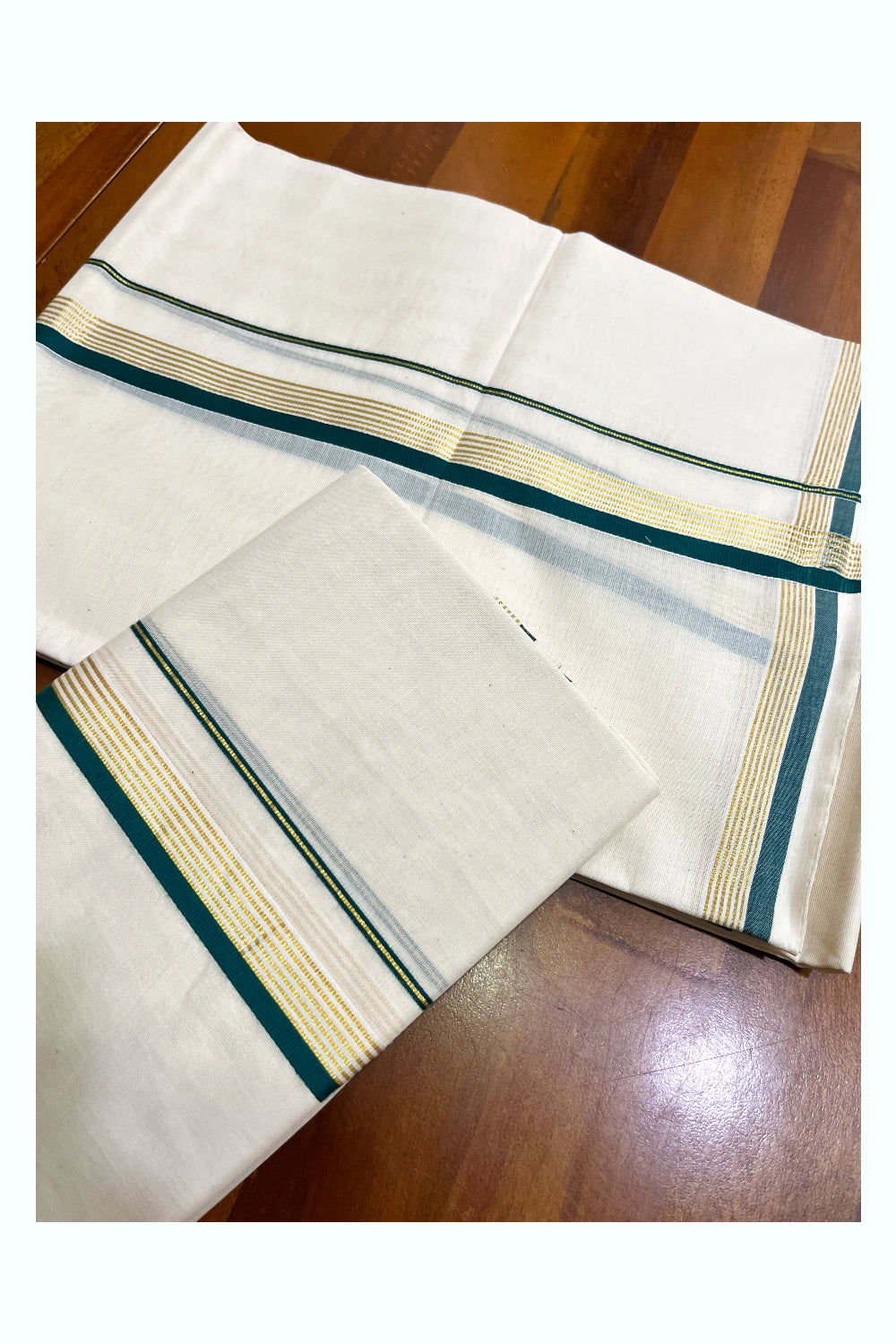 Kerala Pure Cotton Single Set Mundu (Mundum Neriyathum) with Green and Kasavu Border - 2.80Mtrs (Onam 2024 Collection)