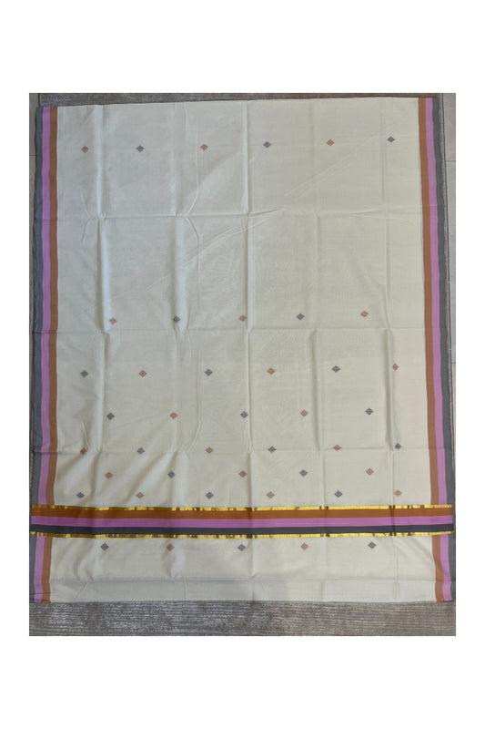 Southloom Premium Unakkupaavu Handloom Cotton Butta Saree with Orange, Pink and Grey Kasavu Border