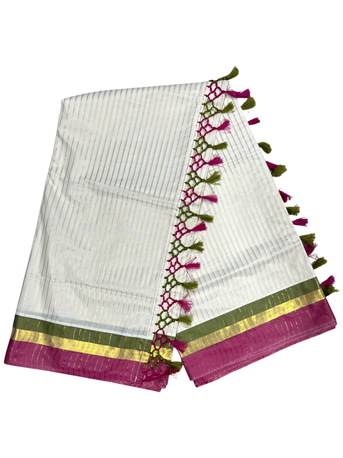 Southloom Cotton Kerala Kasavu Saree with Stripes on Body and Pink &Olive Green Border with Tussels