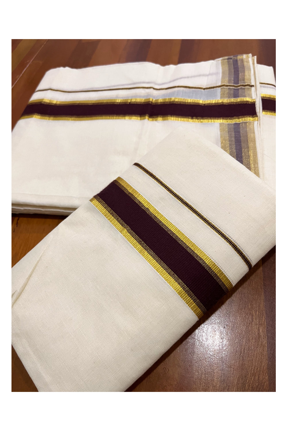 Pure Cotton Mundum Neriyathum Double (Set Mundu) with Brown and Kasavu Border 2.80 Mtrs