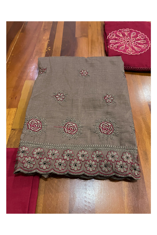 Southloom™ Cotton Churidar Salwar Suit Material in Brown with Floral Thread Works