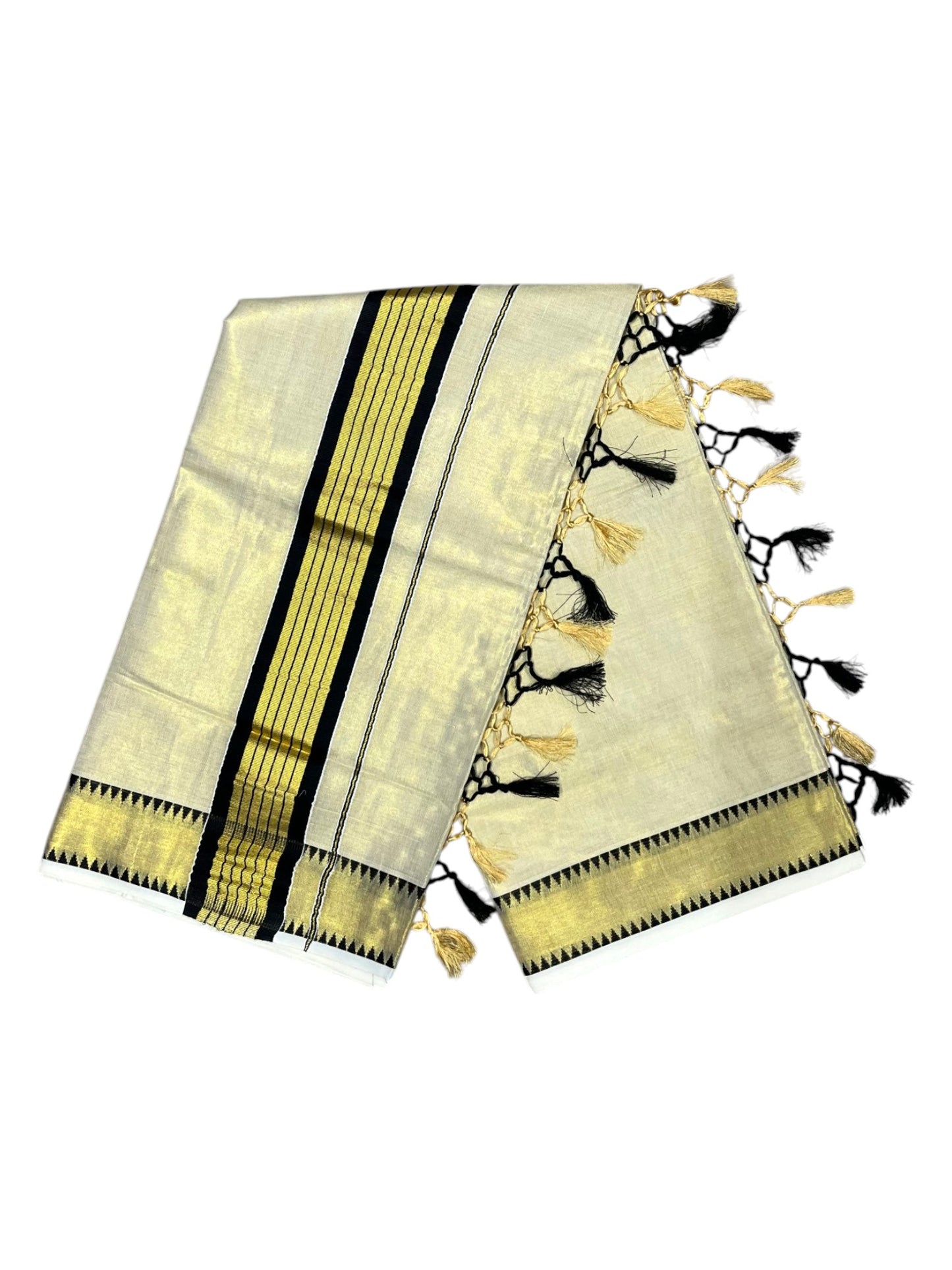 Southloom Kerala Tissue Kasavu Saree With Black Temple Woven Works on Border SL365