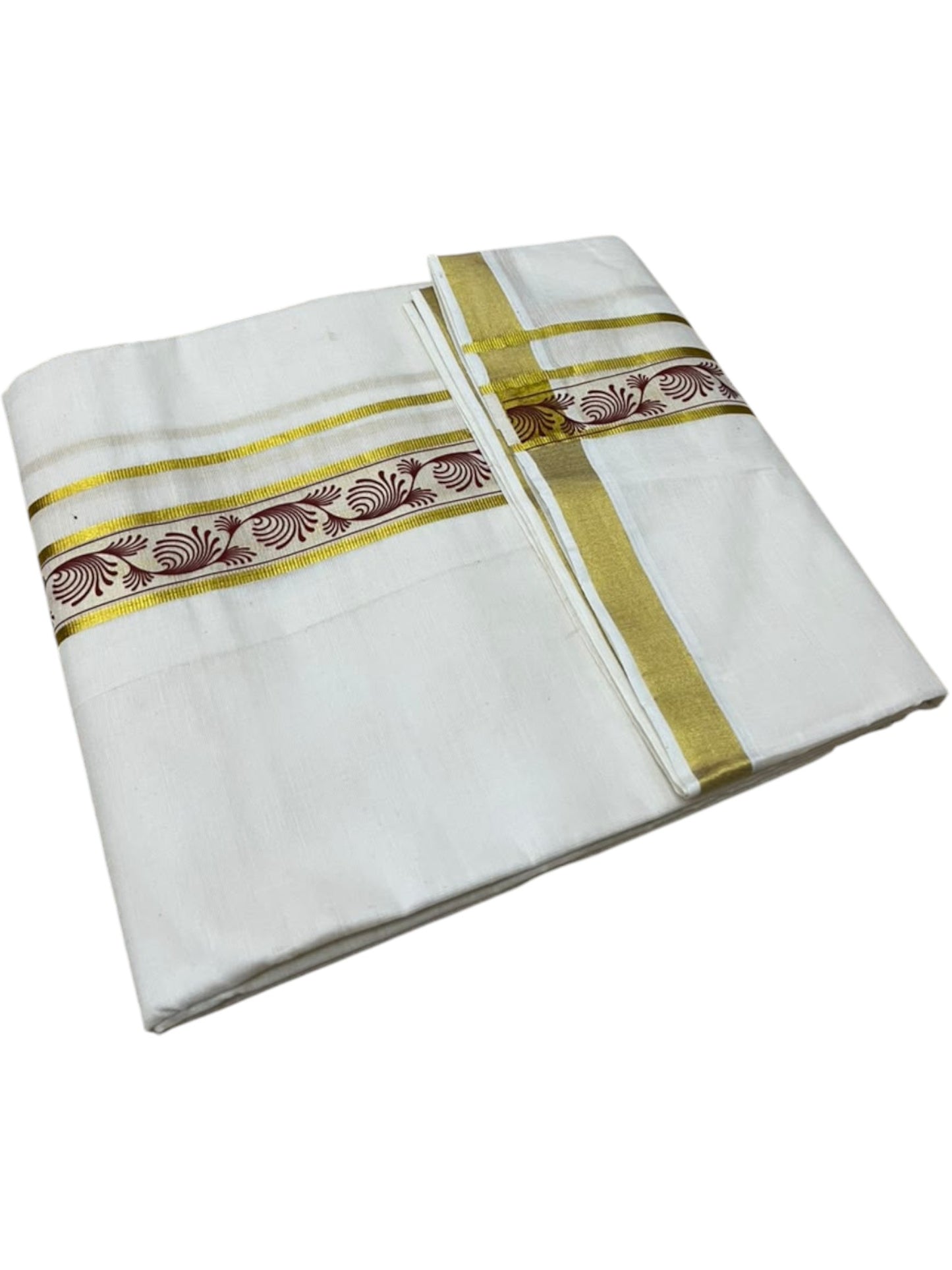 Southloom Pure Cotton Double Mundu with Maroon Block Printed And Ksavu Border (South Indian Kerala Dhoti)
