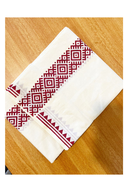 Pure Cotton Off White Double Mundu with Maroon Block Prints On Border (South Indian Kerala Dhoti)