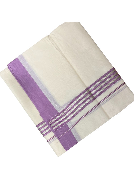 Southloom Kerala Pure Cotton Double Mundu with Lavender Colour And Silver Lines Border (South Indian Dhoti)