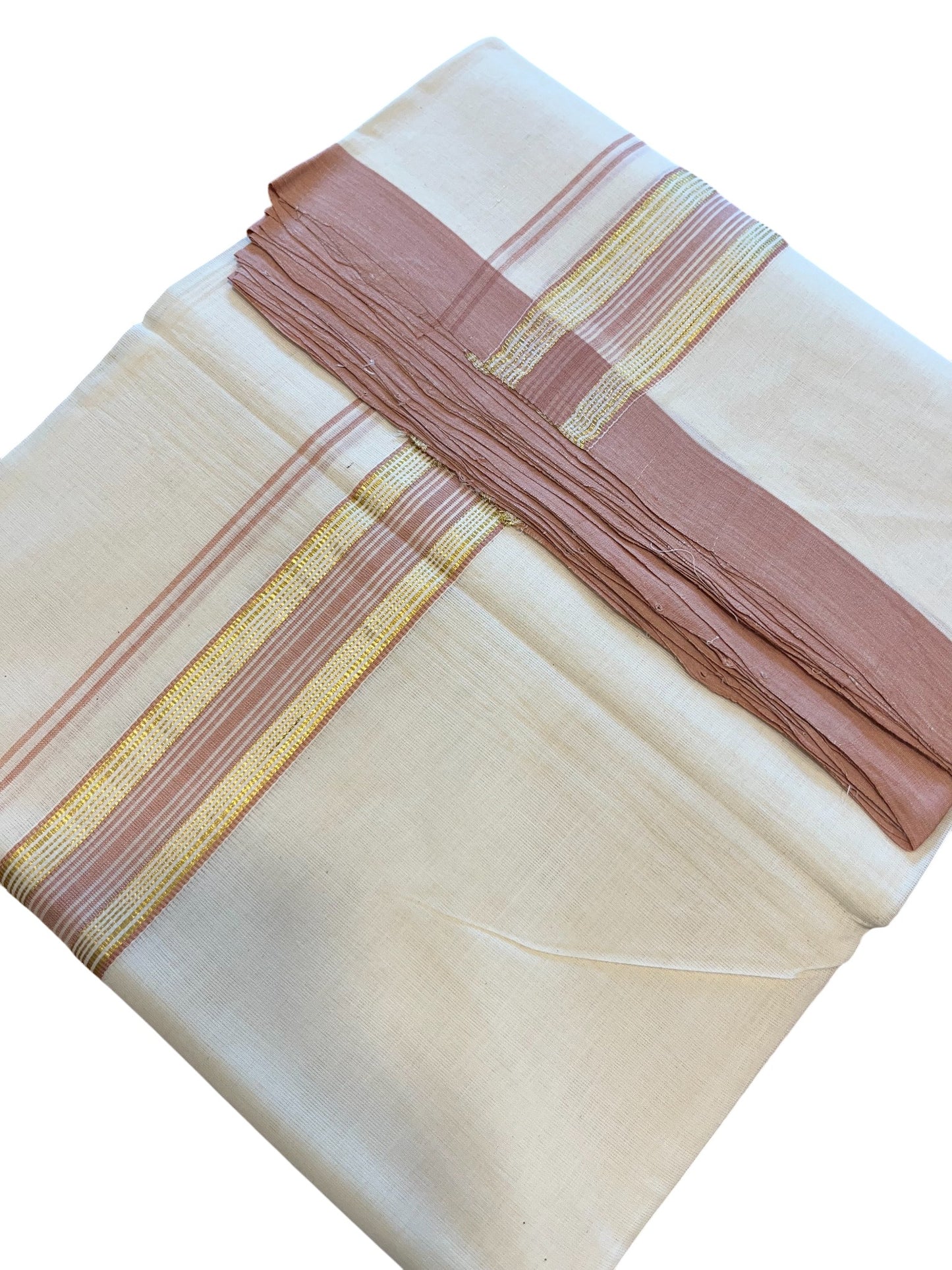 Southloom Premium Handloom Cotton Double Mundu with Gold and Peach Border