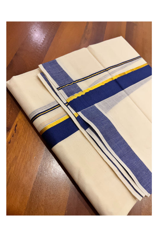 Pure Cotton Mundu with Blue and Kasavu Border (South Indian Kerala Dhoti)