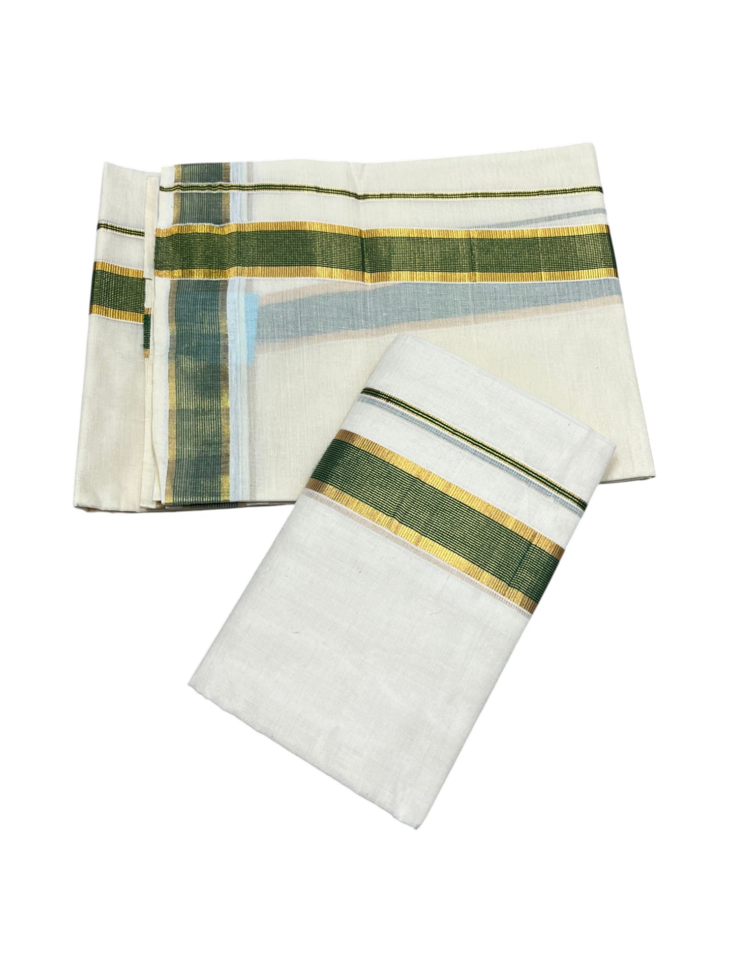 Southloom Pure Cotton Kerala Kasavu  Set Mundu (Mundum Neriyathum) Kasavu & Green Border in 2.80 Mtrs