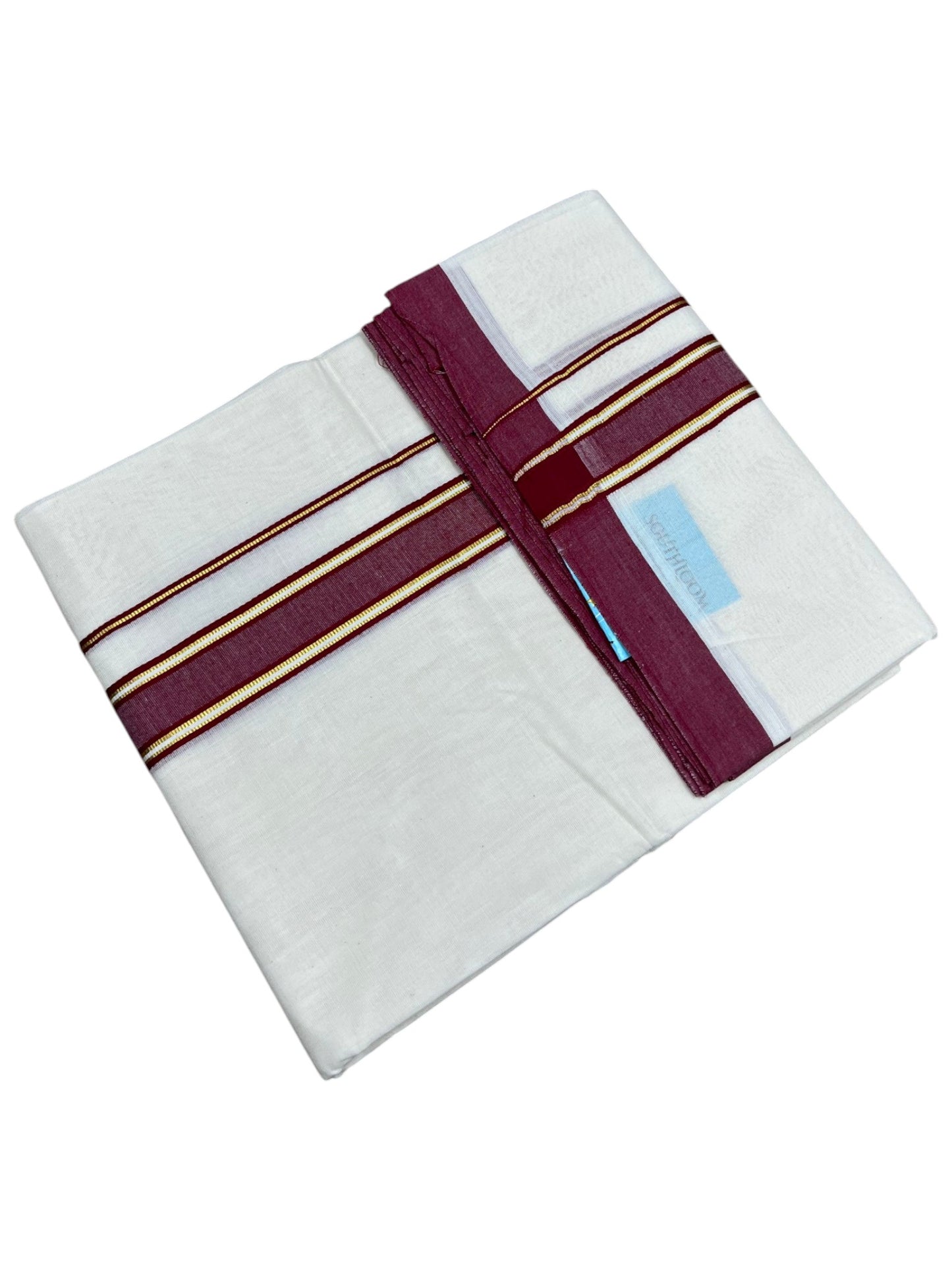 Southloom Pure Cotton Mundu with Gold Lines and Maroon Border (South Indian Kerala Dhoti)