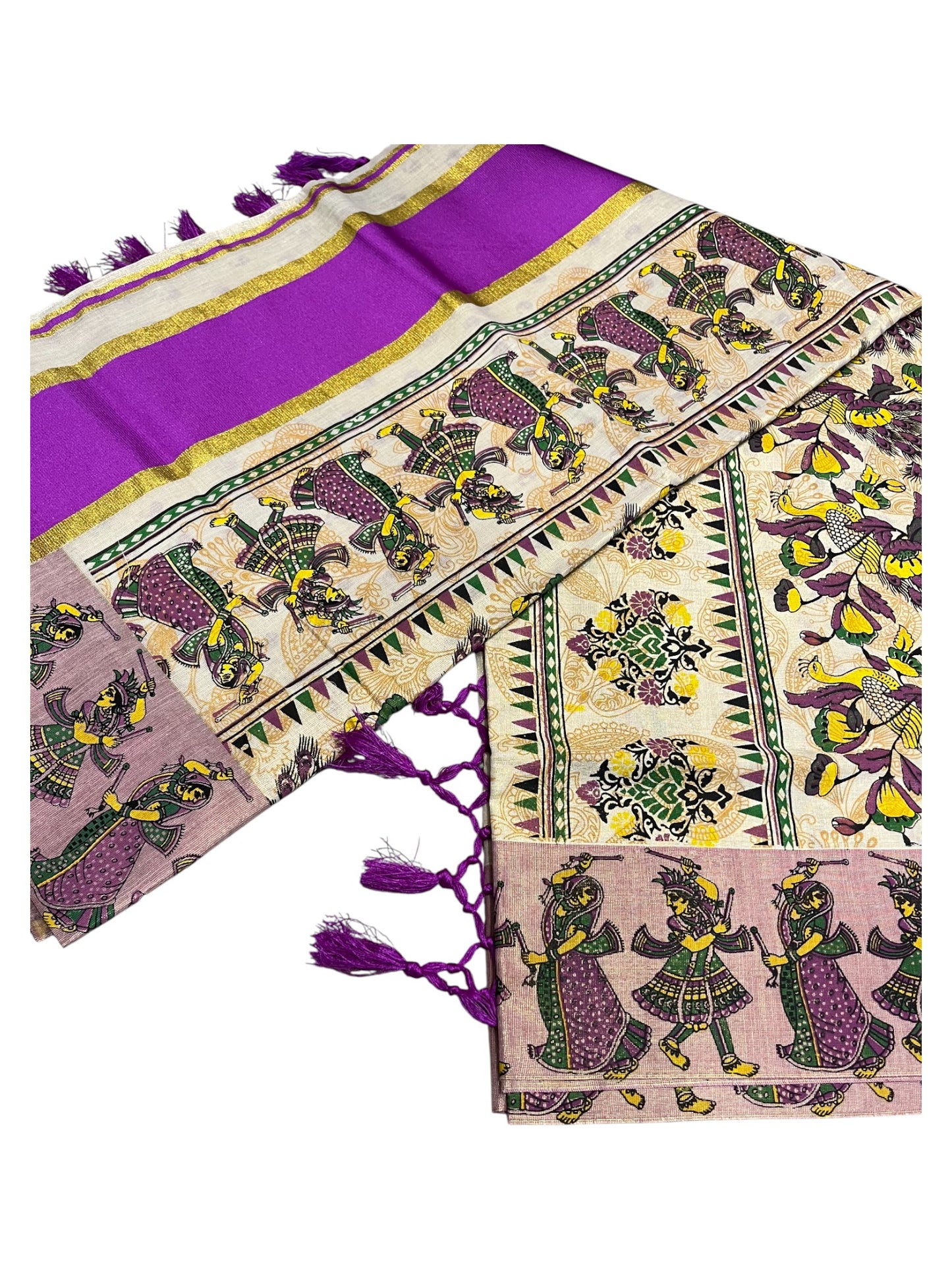 Southloom Kerala Tissue Kasavu Saree Violet Hand Printed