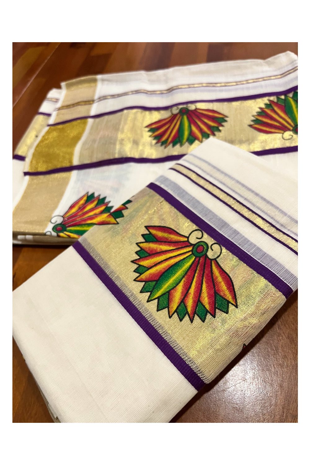 Kerala Cotton Single Set Mundu (Mundum Neriyathum) with Block Prints on Kasavu Violet Border