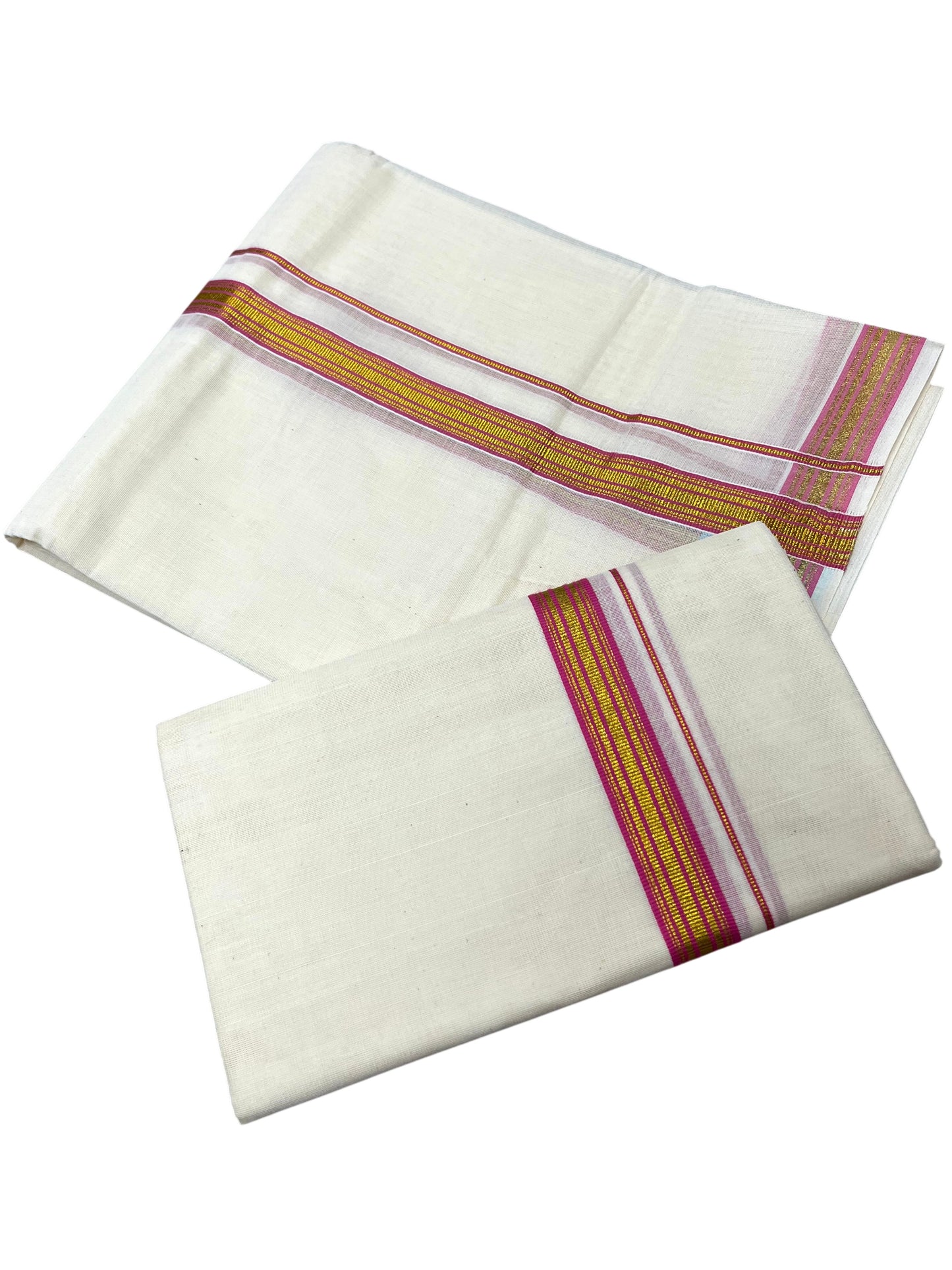 Southloom Pure Cotton Kerala Single Set Mundu (Mundum Neriyathum) with Pink Kasavu Border in 2.80 Mtrs