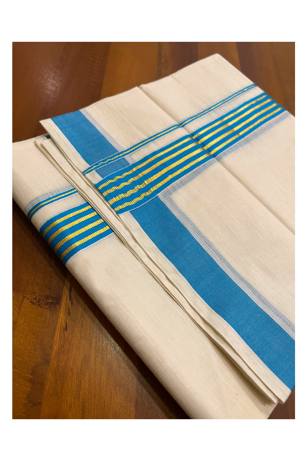 Pure Cotton Kerala Double Mundu with Light Blue and Kasavu Lines Kara (South Indian Kerala Dhoti)