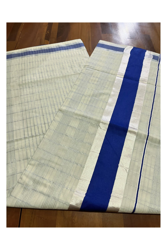 Kerala Pure Cotton Silver Kasavu Check Designs Saree with Blue Border