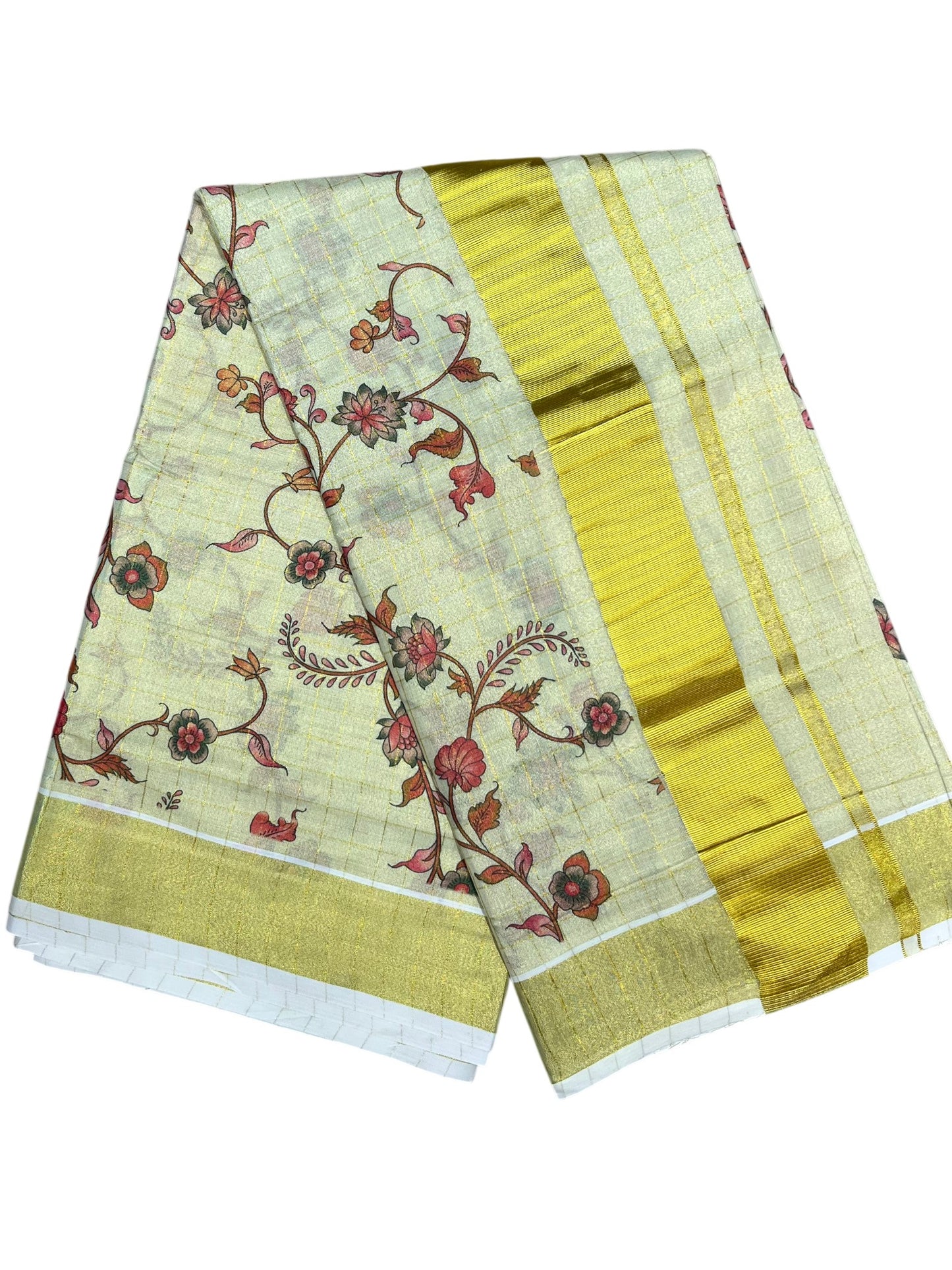 Southloom Tissue Check Kalamkari Print Kerala Kasavu Saree in Red
