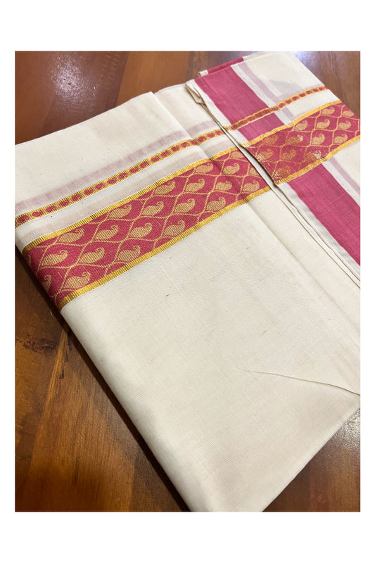 Kerala Pure Cotton Double Mundu with Kasavu and Pink Woven Border (Vishu 2024 Collection)