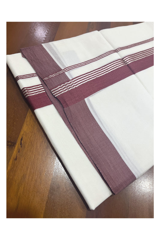 Pure White Cotton Double Mundu with Brick Red and Silver Kasavu Border (South Indian Kerala Dhoti)