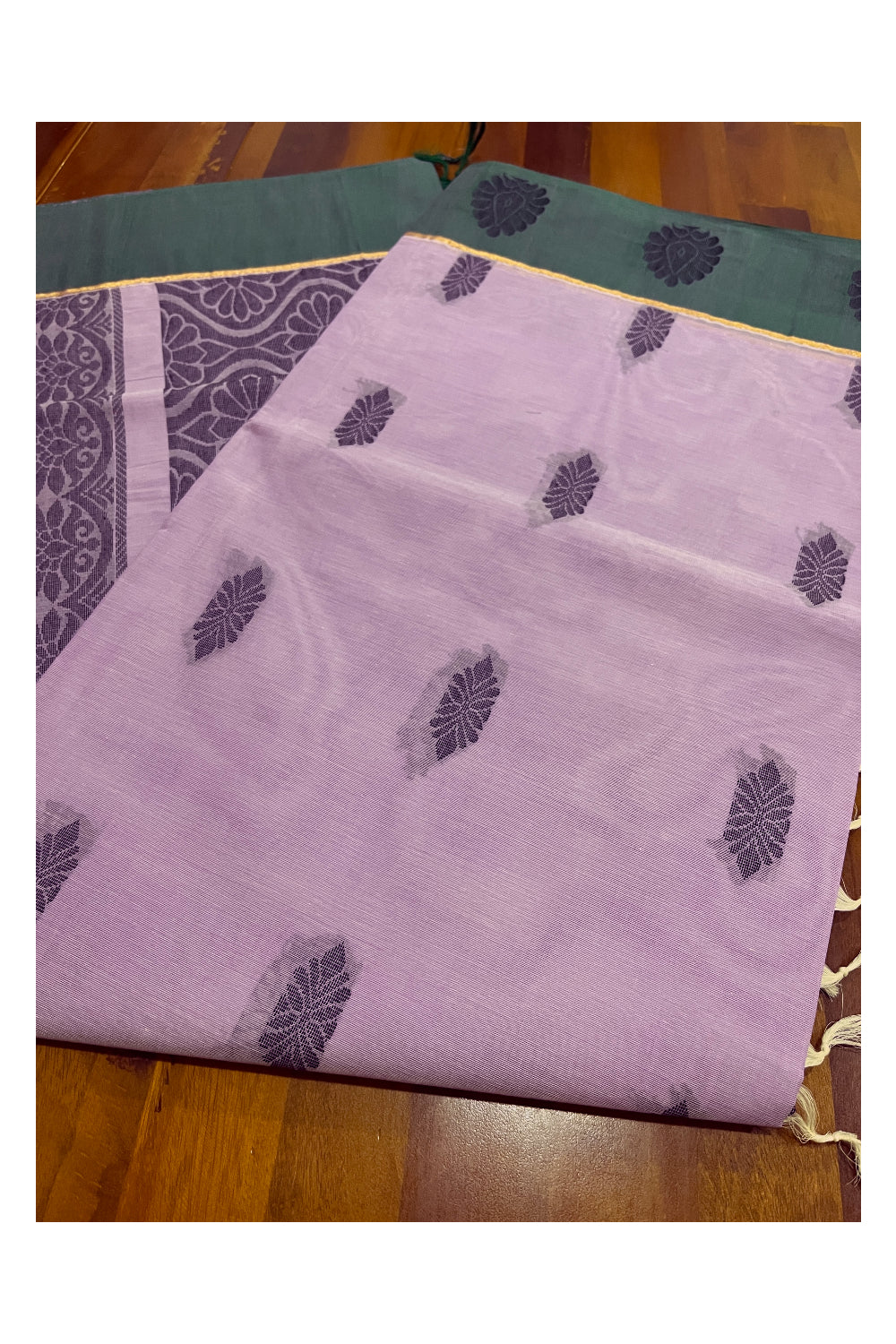 Southloom Cotton Lavender Saree with Green Floral Woven Border