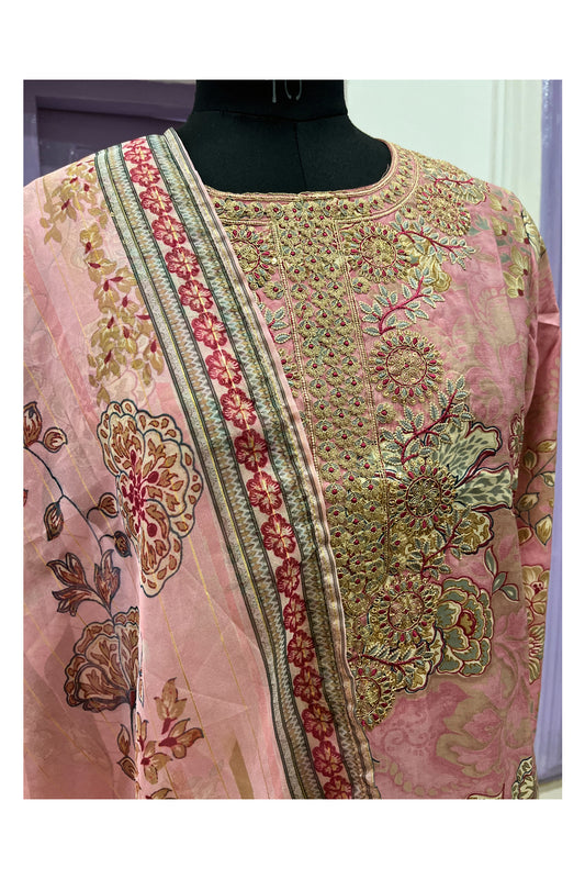 Southloom Stitched Semi Silk Pink Salwar Set with Heavy Thread Works in Yoke