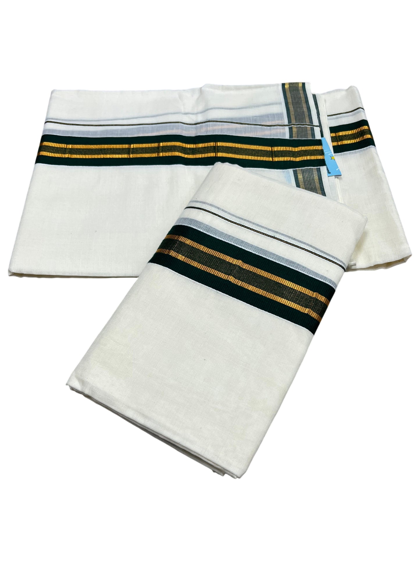 Southloom Kerala Cotton Single Set Mundu (Mundum Neriyathum) with Kasavu and Dark Green Border  SLKK SL470